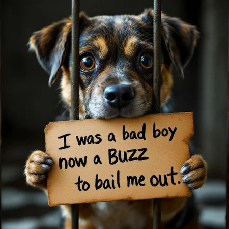 Cute dog in jail holding a sign in mouth written ‘I was a bad boy now I need Buzz to bail me out' he have extremely big, watering, begging eyes while looking at the viewer, the jail is cold and wet, he needs viewer help