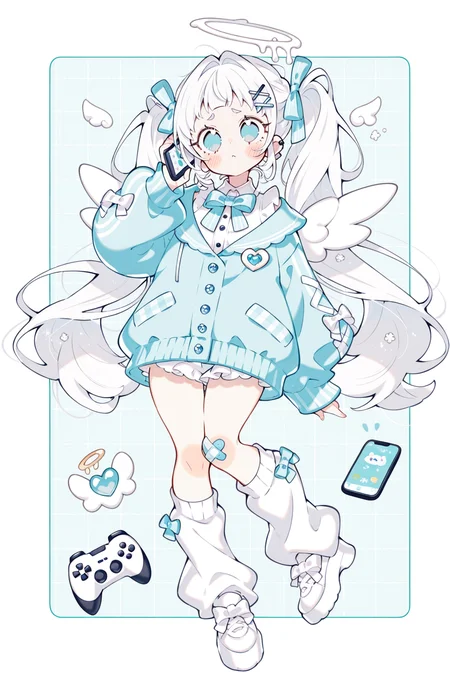 <lora:Uekura_Eku:1>, Uekura_Eku, 1girl, twintails, long hair, hair ornament, socks, white hair, shoes, white footwear, phone, holding, blush, hairclip, jacket, bandaid, halo, multiple views, bangs, bow, controller, loose socks, game controller, cellphone, long sleeves, closed eyes, wings, blue eyes, heart, closed mouth, very long hair