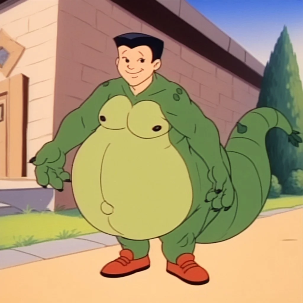 score_9, score_8_up, score_7_up, cartoon, retro_artstyle, screenshot, retro, chuckieMPM, solo, human face, human head, Asian, male focus, black eyes, black hair, red footwear partially tranformed, male dragon form, monster boy, green scales, neck, huge arms, hands, 4_fingers, claws, dragon tail, spiked tail, long tail, thick tail, giant chest, wide hips, giant thights, huge legs, giant butt, fatty belly, plomp, full body, weight gain, giantess growth, giant sized, taller, gentle, nice, cute, beautiful, happy, shy, smile, closed mouth, standing, looking at viewer, outside, outdoor, sidewalk, street, houses, tress, blue sky