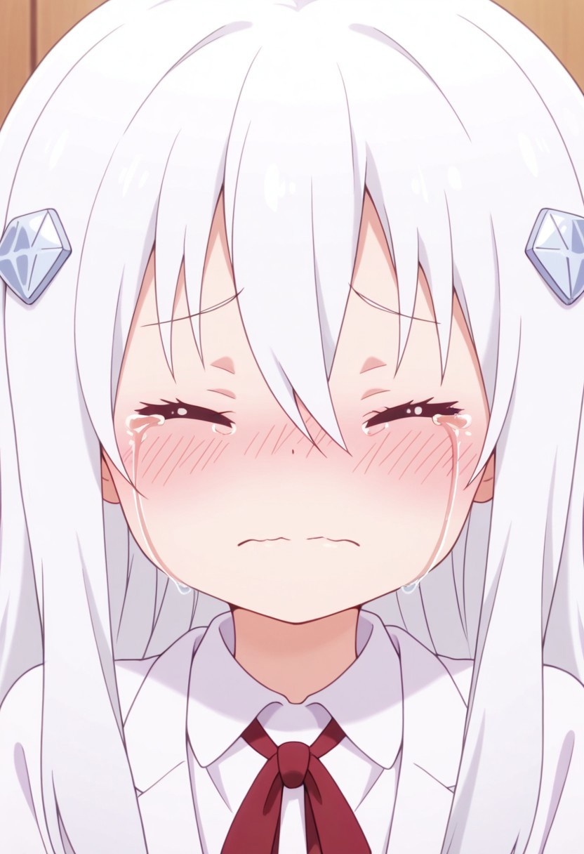masterpiece,best quality,amazing quality, hikari kongo, long hair, white hair, 1girl, solo, closed eyes, tears, hair ornament, blush, crying, hair between eyes, closed mouth, collared shirt, shirt, white shirt