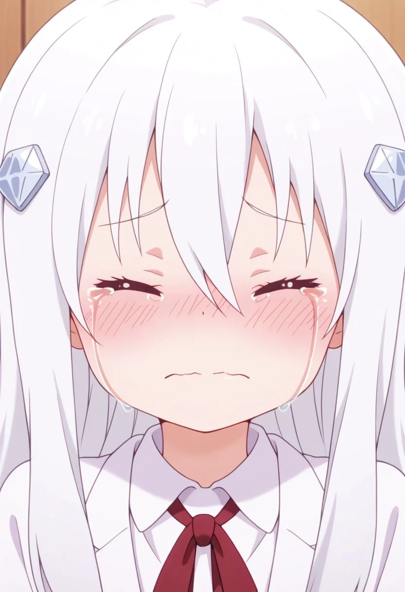 masterpiece,best quality,amazing quality, hikari kongo, long hair, white hair, 1girl, solo, closed eyes, tears, hair ornament, blush, crying, hair between eyes, closed mouth, collared shirt, shirt, white shirt