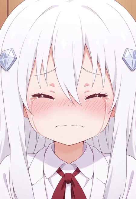 masterpiece,best quality,amazing quality, hikari kongo, long hair, white hair, 1girl, solo, closed eyes, tears, hair ornament, blush, crying, hair between eyes, closed mouth, collared shirt, shirt, white shirt