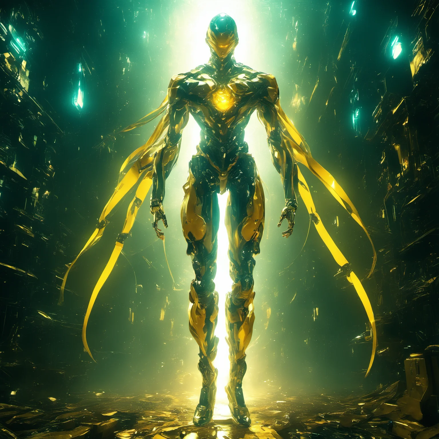 FUNDING,future,concept robot,1boy,full body,male focus,glowing,<lora:FN_WeiLai>,an exaggerated posture,