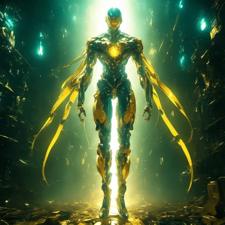 FUNDING,future,concept robot,1boy,full body,male focus,glowing,<lora:FN_WeiLai>,an exaggerated posture,