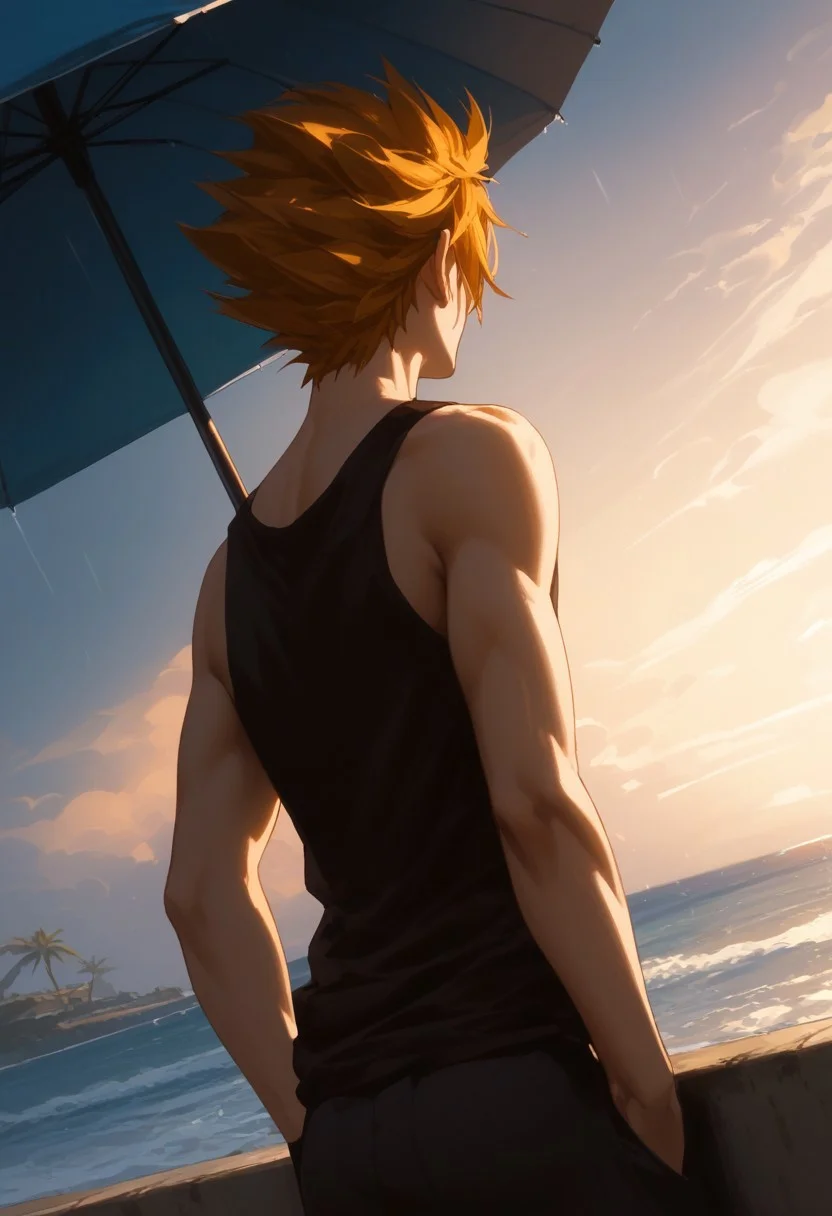 score_9, score_8_up, score_7_up, source_anime, rating_safe, heavy rain, LokeeFT, orange Lokee hair, 1boy, male focus, tank top, shorts, blurry outdoor beach sunrise, vibrant sky, beach umbrellas, from behind, atmospheric perspective, hands in pocket, dutch angle, realistic lighting, Expressiveh,