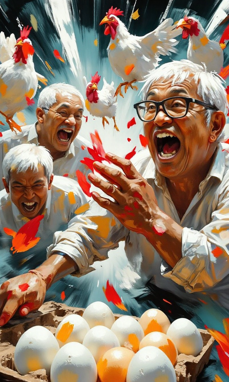A group of Asian seniors frantically fighting for eggs, with highly expressive exaggerated expressions and scrambling movements, in the supermarket, with hens and feathers flying around<flux.1_lora_flyway_ink-dynamic.safetensors:1.3:1.3>
