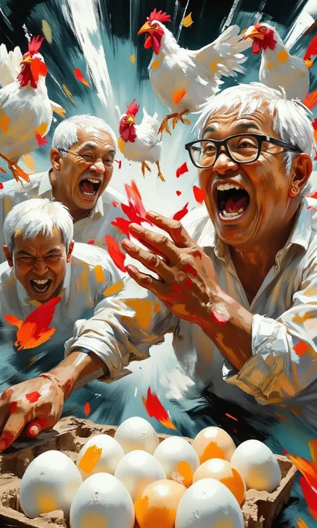 A group of Asian seniors frantically fighting for eggs, with highly expressive exaggerated expressions and scrambling movements, in the supermarket, with hens and feathers flying around<flux.1_lora_flyway_ink-dynamic.safetensors:1.3:1.3>