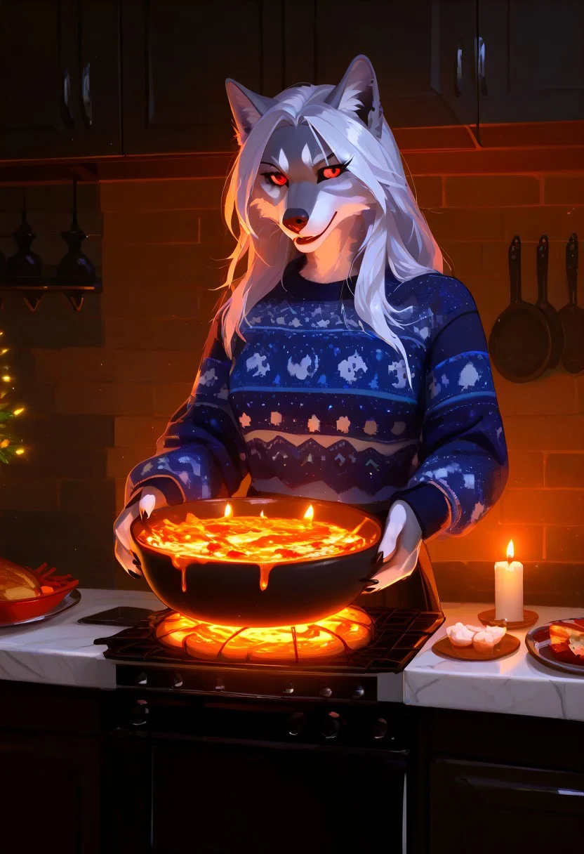 score_9, score_8_up, score_7_up, rating_safe, rating_pg, source_furry, fluffy_new_year, merry_furistmas, indoors, close up,
1girl, gray wolf girl, black and gray fur, long hair, blue christmas sweater, long black skirt, cooking christmas dinner, nice rustic kitchen, warm candles, night time,red eyes, scar, badass