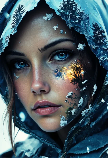 aidmaMJ6.1, darkcore, Jeddblexpsre,double exposure, ethereal. A close-up shot of a breathtaking young womanâs face, where her facial features are softly blended with an ethereal overlay of falling snowflakes. Her piercing blue eyes and delicate skin textures are visible through the translucent silhouette of the forest, creating a dreamy, surreal double exposure effect. The icy crystals on the hood of her light blue medieval cloak merge harmoniously with the natural elements. The soft lighting highlights both the woman and the superimposed scene, while shadows and highlights enhance the depth, giving the composition a balanced, thought-provoking appearance., <lora:FluxDFaeTasticDetails.safetensors:1.0:1.0> <lora:aidmaMJ6.1-FLUX-V0.2.safetensors:1.0:1.0> <lora:Flux DoubleExposure_epoch_1.safetensors:1.0:1.0> <lora:NebulaNexus_v1.safetensors:0.7000000000000001:0.7000000000000001>