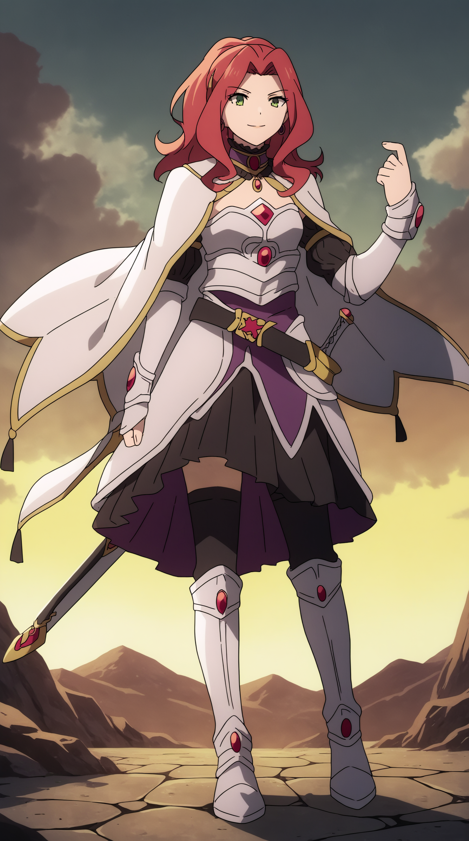 score_9, score_8_up, score_7_up, best background, detailed background, 4k, upscale, anime_source,  Malty S Melromarc, Main Outfit, solo, smile, weapon, sword, sheath, sheathed, white cape, full body,  <lora:JN_Malty_S_Melromarc_Pony:0.8>