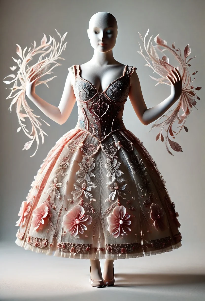 A full body,3D stereo,line illustration of a stunningly elegant woman.Her figure is sculpted with a captivating interplay of concave and convex curves,showcasing a refined and fashionable silhouette.She sits gracefully,draped in a flowing,softly pleated skirt with a delicate petal-like texture.A stylish lady's hat rests upon her head,complementing the sophisticated ensemble.The dress itself is imbued with the subtle,almost invisible,embroidery texture,and the flowing silk creates a sense of movement and opulence.The whole image is a study in the gradations of color.Large areas of white,transitioning to soft blues and reds,create a smooth,gradual color shift,emphasizing the elegant simplicity of the style.The light catches her dress in a way that highlights the delicate petal texture through subtle shading.Sharp,crisp lines define her form,creating a strong sense of line.The background is a pure white,clean and uncluttered,allowing the figure to become the focal point.The image possesses a lifelike quality,reminiscent of a striking,derivative paper art piece.The final result embodies a high degree of detail,capturing the flowing,silky texture with exceptional accuracy,and the overall effect is striking and polished,illuminated by an HDR setting,emphasizing the nuances of light and shadow.