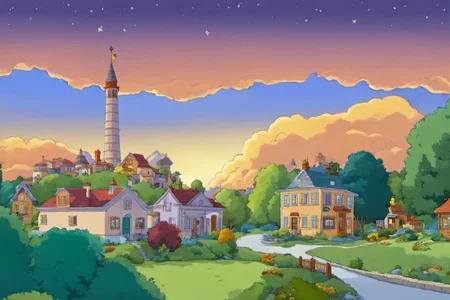 The enchanted landscape of the town of Springfield, simpstyle <lora:SDXL-simpstyle-Lora:1>, Very detailed, clean, high quality, sharp image