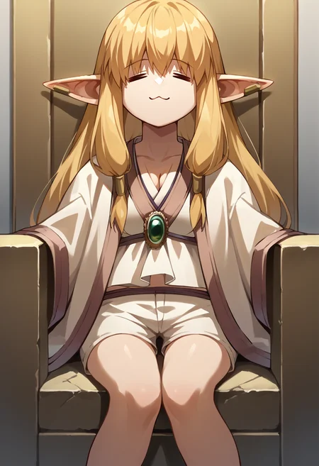 score_9, score_8_up, source_anime, 1girl, solo, Serie, long hair, hair tubes, ear bar, white dress, short dress, cleavage, green brooch, white robe, short robe, white shorts, =w=, :3, = =, eyes closed, sitting, on throne, <lora:ChamSeriePonyXL:1>, <lora:ChamElfExpressionPonyXL:1>