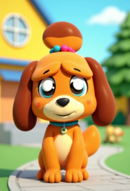 an image in the style of the tv show south park of A 3D-rendered isabelle (animal crossing), anthro-dog in a simple cartoon style with large plain eyes and a large round head. Simple and cute, standing in front of a yellow school building