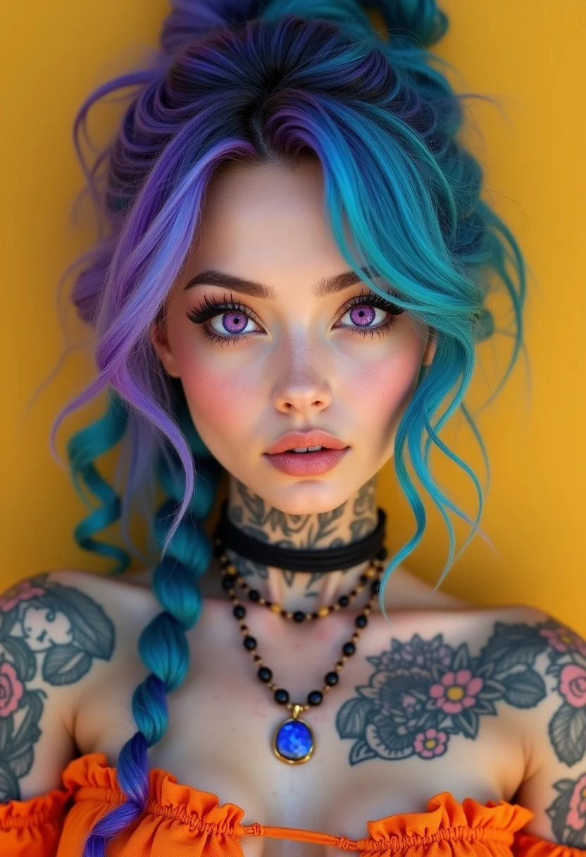 Hyperrealism, extreme close-up Portrait of a beautiful, stunning unique female character. She has large bright purple-and-amber eyes eyes filled with joy and excitement, extravagant eyelashes, with mesmerizing multi-hued hair in shades of blue purple and teal, her asymmetric loose waves are tied back with knots and braids, framing her fair skin, making this image a masterpiece of photography and digital art. She wears a orange off-shoulder top with ruffles and a cut-out detail at the chest, paired with layered necklaces: a beaded choker and pendant necklace. The serene mustard yellow background harmonizes with her vibrant hair and outfit, drawing focus to her captivating gaze. Style: realistic hyper-detailed rendering, 32k UHD, expressive eyes, punk, graphic design, body tattoos, pretty and cute, gleaming lips, telling a tale of adventure. Exuding confidence and serenity. Vibrant tattoos adorn her sun-kissed skin.
