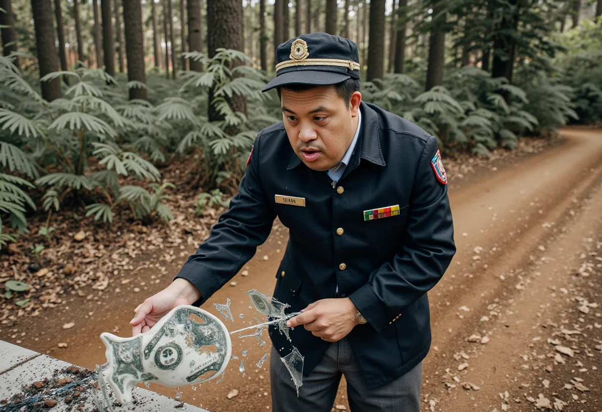 a artistic photo where a uniformed kaiju-sized man with Down syndrome is accidentally breaking something valuable. No watermark, no signature, no deformed hands.