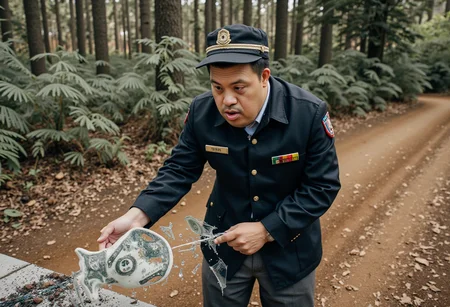 a artistic photo where a uniformed kaiju-sized man with Down syndrome is accidentally breaking something valuable. No watermark, no signature, no deformed hands.