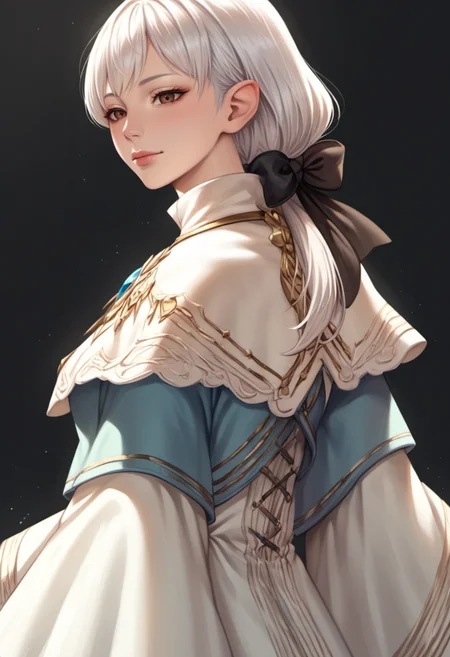 score_9,score_7_up,source_anime,zPDXL2,black background BREAK
ameliance,ameliancedress,brown eyes,bow,white hair,capelet,
<lora:ameliance:1>