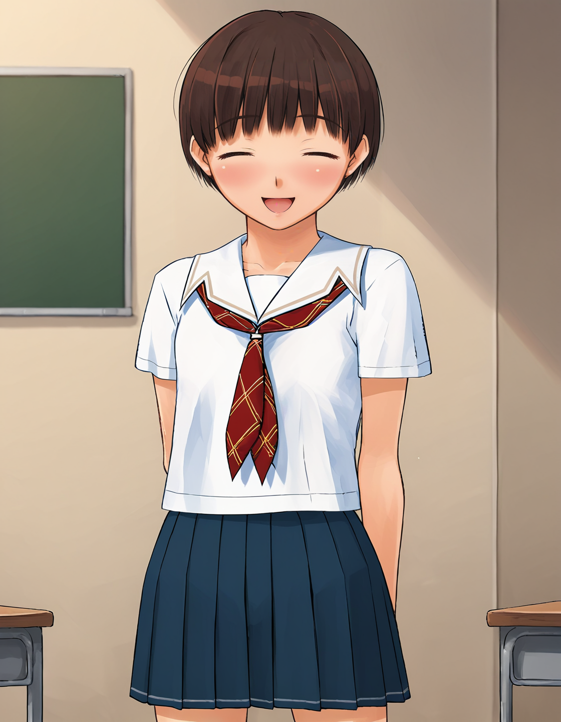 score_9, score_8_up, score_7_up, score_6_up, score_5_up, score_4_up, <lora:NarumiS_T1V0:0.85>, <lora:sdxl_lightning_8step_lora:1>,
source_anime, 1girl, solo,
NarumiS_T1V0, brown hair, short hair, 
school uniform, serafuku, 
white sailor collar, red neckerchief, plaid neckerchief, 
white shirt, short sleeves, 
blue skirt, pleated skirt, 
standing, arms behind back, 
facing viewer, smile, open mouth, closed eyes, :d, blush, 
indoors, classroom, cowboy shot,