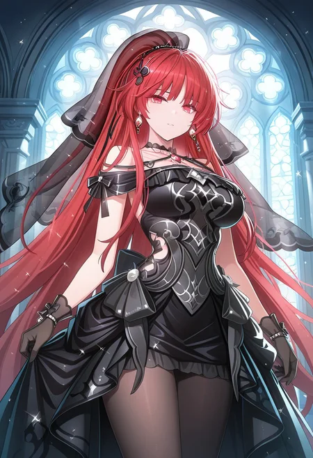 (masterpiece), best quality, amazing quality, very aesthetic, absurdres, newest, 1girl, solo, phantom saber red hair, red eyes, ponytail, veil, earrings, choker, black dress, black gloves, black pantyhose, arch