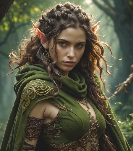 RAW photo, (masterpiece:1.3), subsurface scattering, heavy shadow, (high quality:1.4), (intricate, high detail:1.2), professional photography, HDR, High Dynamic Range, realistic, ultra realistic, photorealistic, high resolution, film photography, ambient lighting, atmospheric effects, <lora:detail_slider_v4:2>, OverallDetail, a female wildelf warrior, wild hair, green cloak, holding a weapon, in the forest, dynamic pose, <lora:Wildelf:1>, epiCPhoto, <lora:zoom_slider_v1:-2>