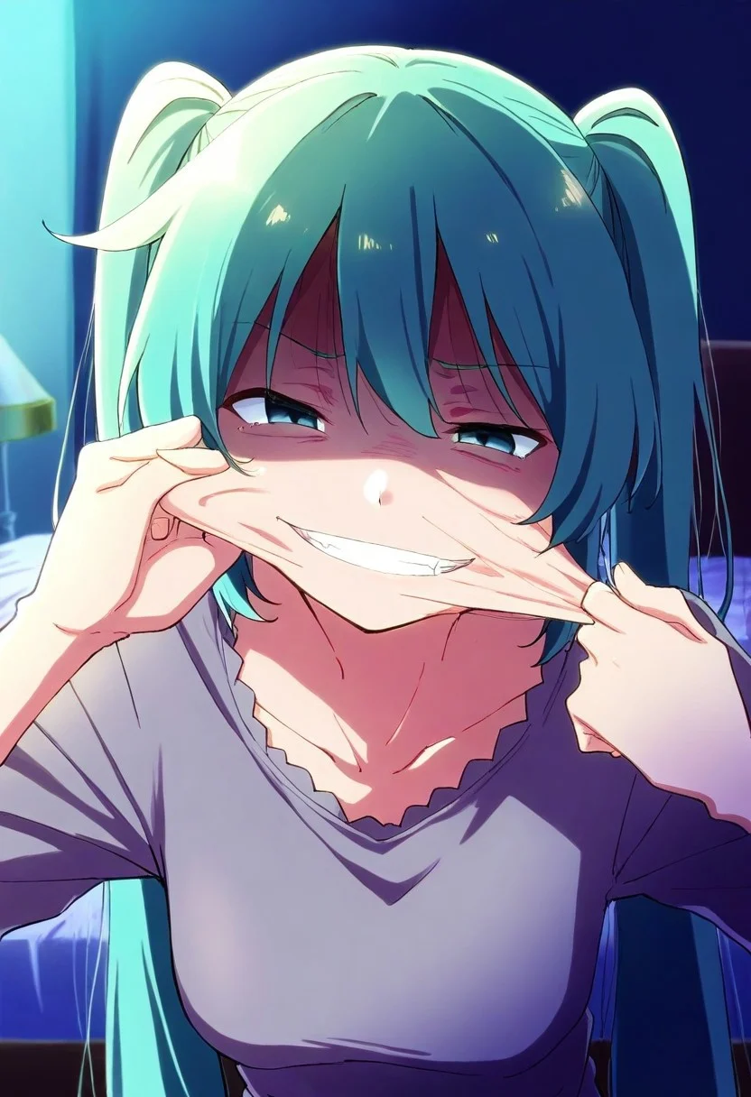 1girl, solo, 
hatsune miku, twintails,
looking at viewer, grin, evil smile,
skinsuit, girl costume, deflated, wrinkled, pulling face,
BREAK
indoors, bedroom, night,
masterpiece, best quality, year 2024, newest, absurdres, highres, intricate detailed, sensitive, anime screencap