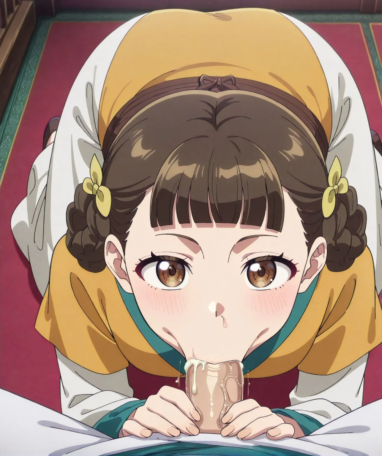<lora:add-detail-xl:0.5>,,masterpiece, best quality, newest, absurdres, highres, detailed eyes, beautiful, detailed background, perfect eyes, anime coloring, anime screencap,
<lora:Vacuum_Fellatio-000039:0.3>Vacuum_FellatioV1,
vacuum fellatio, :>=, fellatio, face down,
oral, penis, sunken cheeks, pov,  looking at viewer,cum, 
motion lines, motion blur, saliva trail, saliva, 
<lora:Xiaolan:1> xia0lan, brown hair, hair bun, double bun, blunt bangs,braided hair rings, brown eyes,short hair,Chinese clothes,layered sleeves, short over long sleeves,yellow hanfu, white dress,
20YO, milf,adult,