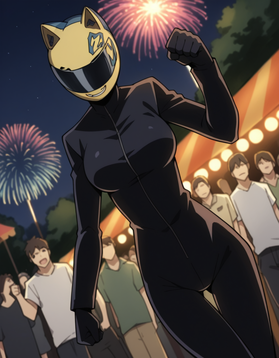 score_9, score_8_up, score_7_up, source_anime, <lora:celty-sturluson-s1-ponyxl-lora-nochekaiser:1>, celty sturluson, animal ears, cat ears, helmet, motorcycle helmet, large breasts,, bodysuit, skin tight, black bodysuit, cleavage, festival, fireworks, summer night, food stall, traditional, arms up,, smile, , hand making a fist, solo,, cowboy shot, dutch angle