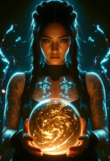 A young, athletic, 6 foot, half-japanes woman. She has medium-length dark hair that flows freely as she moves, and her expression is focused and determined. Three braids woven from her hair and cyan and golden electricity  cast glowing light.
She wears a black sleeveless loose top that shows cleavage, her large chesty and muscular arms. Her skin us covered with holographic tattoos of synthetic patterns and chip designs.
The tattoo glow with cyan and golden light from within. Highlighting the futuristic scene.
She holds a crystal ball in front of her and gazes into it. The crystal ball glows woth golden and cyan energies swirling in it forms complex code script patterns.
Close up, 50mm lens, Canon, rim lights, strip lights, soft shadows, golden ligh from right, neon cyan light from left
breathtaking, exquisitely detailed RAW HDR color photograph, capturing a masterpiece of realism with fine grain and crisp clarity. The image presents a stunning and captivating scene with brilliant lighting and a magnificent composition that adheres to the rule of thirds
film-style composition evokes the elegance of a world-famous painting. The final result is a lustrous, high-resolution image with rich detail and delicate, exquisite grain, making it ideal for wallpaper art or product shots. The centered composition emphasizes the subject, creating a strong, magnificent visual that serves as the perfect backdrop.