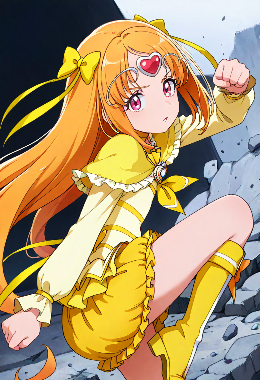masterpiece, best quality, absurdres, very aesthetic, general,
cure muse \(yellow\), 1girl, solo, yellow bow, orange hair, circlet, yellow skirt, hair ribbon, frills, pink eyes, brooch, hair bow, eyelashes, serious, arm up, kicking, yellow choker, brown hair, red eyes, long sleeves, yellow ribbon, clenched hand, floating hair, looking at viewer, yellow dress, rock, fighting stance, very long hair, parted lips, miniskirt, leg up, open mouth, cowboy shot, bubble skirt, purple eyes, shiny, bangs, bare legs, anime coloring, frilled skirt, grey background, from side, shiny hair, heart hair ornament, standing, sidelocks, knee boots, clenched hands, debris, indoors, layered skirt, eyebrows visible through hair
<lora:cure_muse_shirabe_ako_illustXL_locon_v1:0.7>