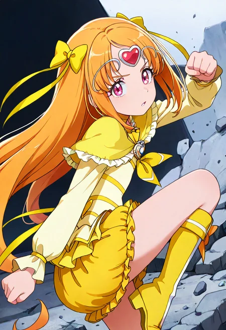 masterpiece, best quality, absurdres, very aesthetic, general,
cure muse \(yellow\), 1girl, solo, yellow bow, orange hair, circlet, yellow skirt, hair ribbon, frills, pink eyes, brooch, hair bow, eyelashes, serious, arm up, kicking, yellow choker, brown hair, red eyes, long sleeves, yellow ribbon, clenched hand, floating hair, looking at viewer, yellow dress, rock, fighting stance, very long hair, parted lips, miniskirt, leg up, open mouth, cowboy shot, bubble skirt, purple eyes, shiny, bangs, bare legs, anime coloring, frilled skirt, grey background, from side, shiny hair, heart hair ornament, standing, sidelocks, knee boots, clenched hands, debris, indoors, layered skirt, eyebrows visible through hair
<lora:cure_muse_shirabe_ako_illustXL_locon_v1:0.7>