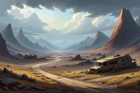 (location:(wasteland:1.21)),, , (epic:1.2), trending on artstation, (high quality:1.2), (masterpiece:1.2), high details, incredibly absurdres, colorful), ,(Cartoonish Anime style:0.98),(Bob Ross Canvas Style:0.56) (Fantasy Art:1.19) (Academic Art:0.42),,, (Jim Davis Style:1.14), (1/3_back:0.66) (H_symmetrical:1.14)