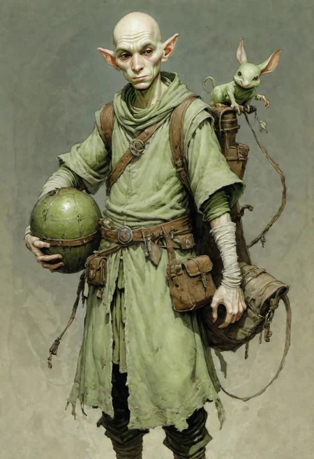 videogame art, A Young Adult bald thin wizard, spellcaster, wearing a light green ragged tunic, oldschool vintage magician, dungeons and dragons inspired, shoulder bag portmanteau, by Jean-Baptiste Monge