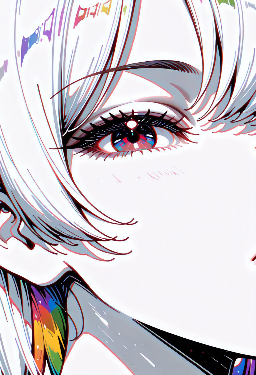 lazympos, adult, 1woman,
masterpiece, best quality, newest, highres, absurdres,no lineart, no outline, detailed, looking at viewer, solo, chromatic aberration, rainbow hair,white theme ,limited palette,tenebrism,close up, depth of field, 0n3sp3g
