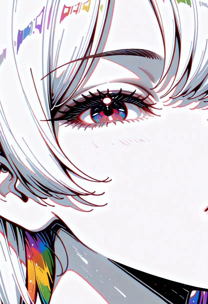 lazympos, adult, 1woman,
masterpiece, best quality, newest, highres, absurdres,no lineart, no outline, detailed, looking at viewer, solo, chromatic aberration, rainbow hair,white theme ,limited palette,tenebrism,close up, depth of field, 0n3sp3g