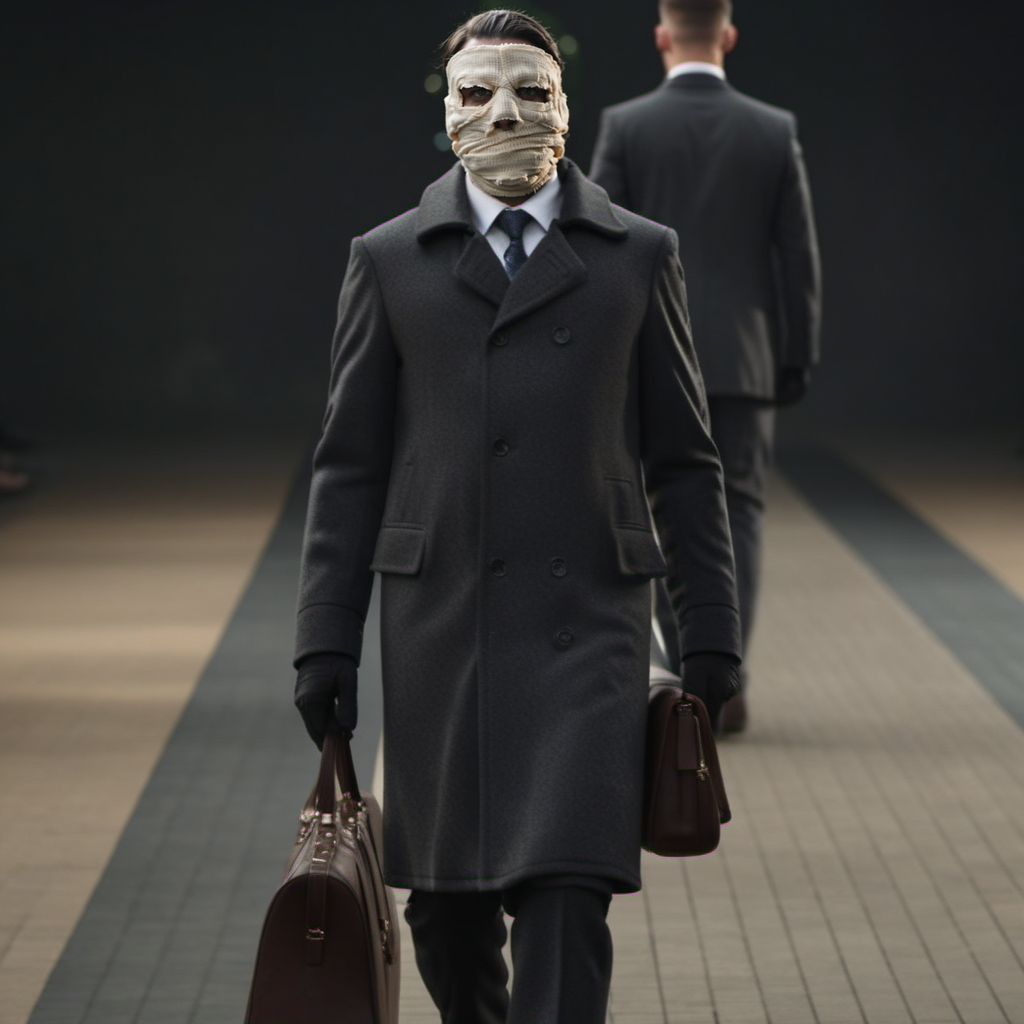 Timescrimes1024, a man with head bandages,  with a coat in a suit and tie walks down a runway with a bag in his hand and another man in a suit and tie walks down the runway,  detailed eyes, highly detailed, photography, ultra sharp, film, bokeh, professional, 4k  <lora:add-detail-xl:1.5>   <lora:Timescrimes1024:0.8>