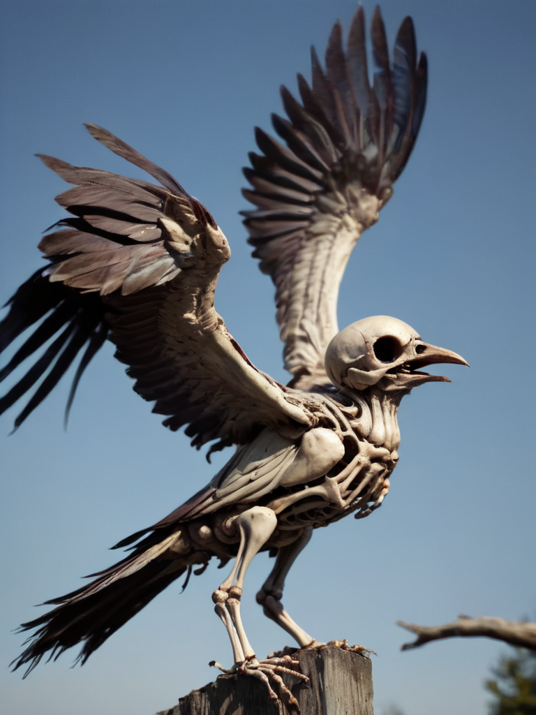 (skeleton bird:1.2), dead bird, dead bird spread wings, horror (theme), zkeleton, <lora:zkeleton-sdxl:0.6>