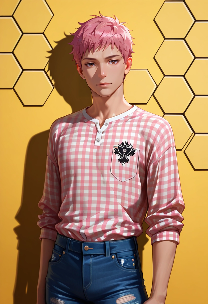 masterpiece, best quality, intricate details, semi-realistic, looking at viewer, 1boy, solo, male focus, <lora:renzou_shima_ilxl:0.92>, renzou_shima, pink hair, brown eyes, short hair, , Moire Honeycomb Jeans, Gingham Organza Striped Henley shirt, , ,