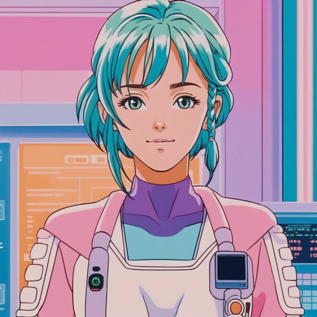 realistic, k4r1n woman standing, kawaii, cute, extreme close-up, happy, front view, background of gradient fluorescent computer room, pastel tones (by wes anderson:1) <lora:k4r1n-000005:0.6>