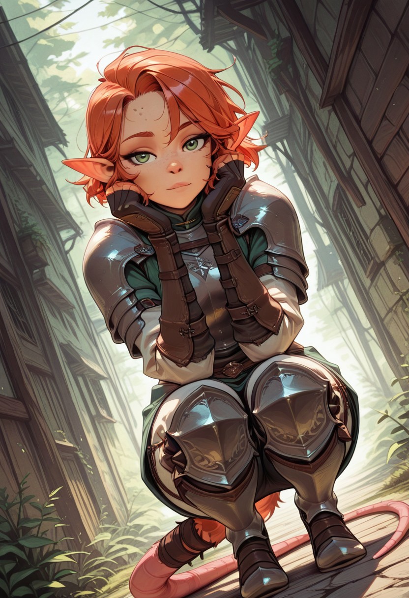 highly detailed, fine skin detail, absurdres, highly-detailed, best quality, masterpiece, very aesthetic, detailed skin, beautiful green eyes, detailed eyes, dutch angle, Solo, 1girl, Verm1llia, armor, tail wraps, pouches, looking at viewer, squatting, double v