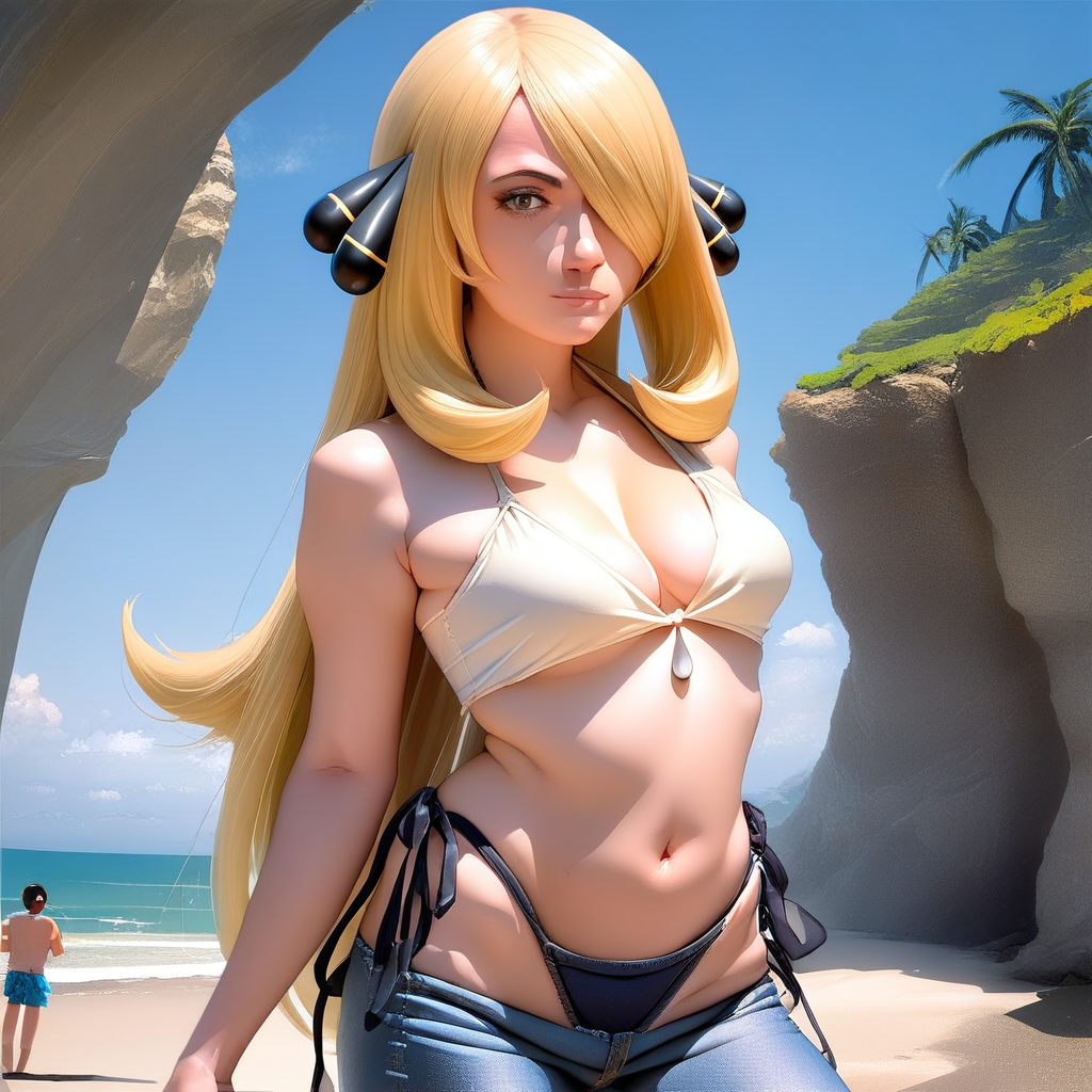 artist style:Urushihara Satoshi, source_hentai, source_anime, masterpiece, score_9, score_8_up, score_7_up, source_anime, shiny oild skin,  real, realistic, Cynthia, blonde, face, eyes, Cynthia\(Pokemon\) 1girl, meme_attire, (bikini_jeans:1.0), pants, panties, side-tie panties, highleg_bikini, clothing cutout, denim, lowleg_pants, denim_bikini, bikini_jeans, clothing_cutout, beach, blue sky,