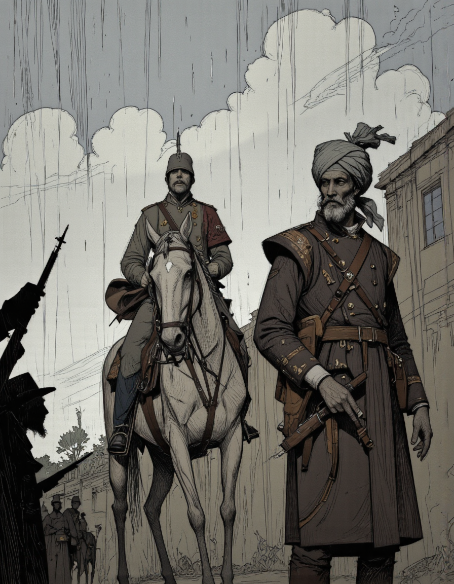 Art by Paco Gimenez. A digital illustration shoot from a low-angle perspective about a stylized illustration depicting a soldier on horseback in the rain, accompanied by a figure with a long beard and a turban, standing in the middle of the image. the image also shows a silhouette of a man holding a rifle on the left side, another figure standing on the right side, and silhouettes of other figures in the background. the scene is set against a backdrop of a cloudy sky with rain falling, and the overall atmosphere is dramatic and dramatic. the two figures are dressed in traditional clothing, with the man on the horse wearing a long tunic and a hat, and they are positioned in a way that creates a sense of depth and perspective. the horse is standing still, with its mane and tail flowing in the wind, while the man with the turban is standing with his back to the viewer, looking directly at them with a serious expression.