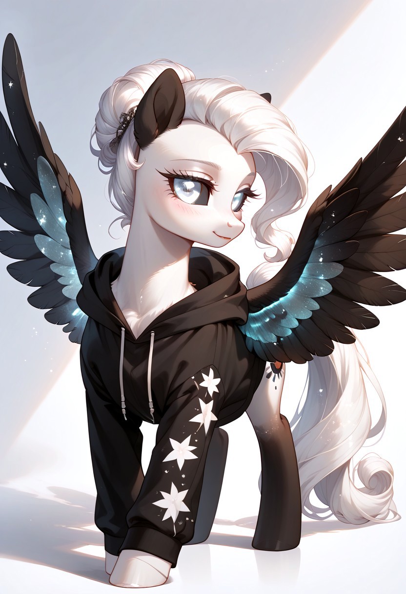 score_9, score_8_up, score_7_up, score_pony, zPDXL3, Albina, a mysterious albino girl with glowing white eyes and silky white hair, black sclera contrasting her pale skin, soft white fur accents, and sleek black ears. She has large, elegant black wings folded behind her, wearing an oversized dark hoodie with the hood pulled up, casting a shadow over her delicate features. Her expression is gentle and enigmatic, a faint blush coloring her cheeks. Captured from a high-angle view as she gazes upward, surrounded by a soft, ethereal glow, exuding a serene, otherworldly beauty in a quiet, dimly lit atmosphere.