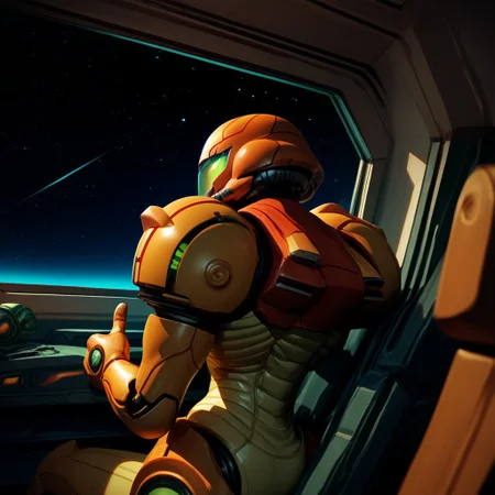 score_9, score_8 score_7, score_6_up, PrimeVaria, power_suit, arm_cannon, 1_hand, in_cockpit, sci-fi, thumbs_up, helmet, window, in space, stars, space_ship, side_view, one_hand_visible, looking_back,