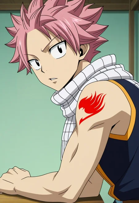masterpiece, best quality, , anime screencap, anime coloring, official style, looking at viewer, 1boy, solo, male focus, <lora:natsu_dragneel_ilxl:0.96>, natsu_dragneel, pink hair, black eyes, spiked hair, white scarf, from side, death valley, indoors, arm support, distracted, aloof, oblivious,