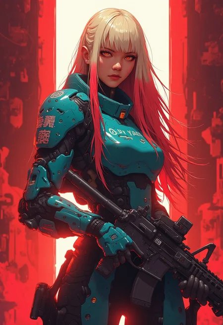 great lighting, intricate detail, beautiful, stunning Japanese space marine, two-tone hair, long blonde hair with red streaks, bangs, skin-tight teal body armor with dark blue accents, holding assault rifle, aiming at viewer, in alien city ruins, High Detail, Perfect Composition, movie scenes, highly detailed. Photorealistic rendering, dramatic lighting, sharp contrast, red color palette.