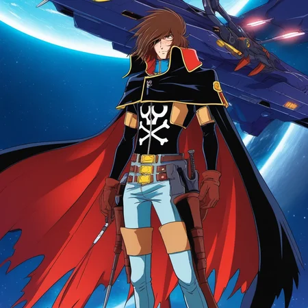 anime artwork a full body man, solo, cape, brown hair, scar, black gloves,sword, in a spaceship<lora:Albator1024_r1:0.8> . anime style, key visual, vibrant, studio anime, highly detailed