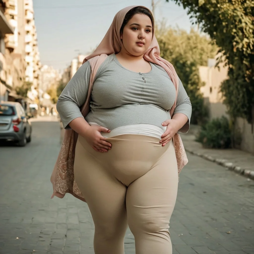 cinematic photo of huge obese girl, heavily pregnant, walking proudly, relaxed expression, 18 years old, hijab, cute fat face, natural playful body pose, powerful young woman, wearing beige leggings over a diaper, bulky diaper stretching the fabric of her leggings, huge massive thighs, huge round pregnancy bump sticking out, plus size bbw Tehran urban setting Candid photo Film grain Intricate play of lights and shadows