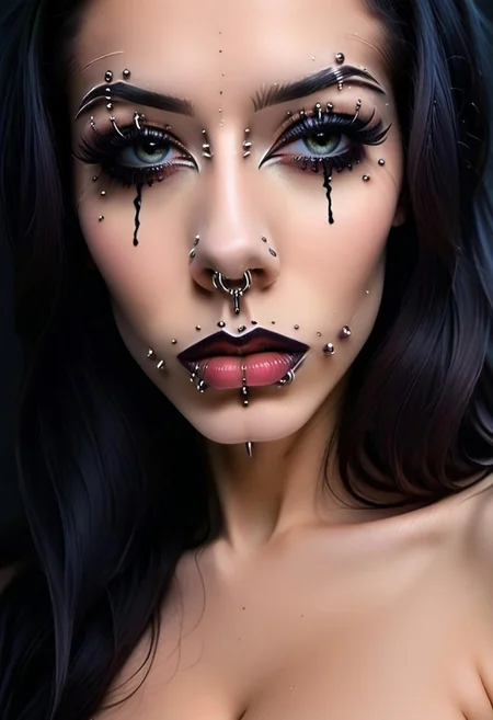 concept art, realistic, dark theme, low light. 1girl, solo, 18 years old.
Gorgeous sexy female. Beautiful feminine face, Long  hair. ((TearsMakeUp)).
((ExtrFacePiercing:1.8)).
(Big breast), (Round breast:1.2).