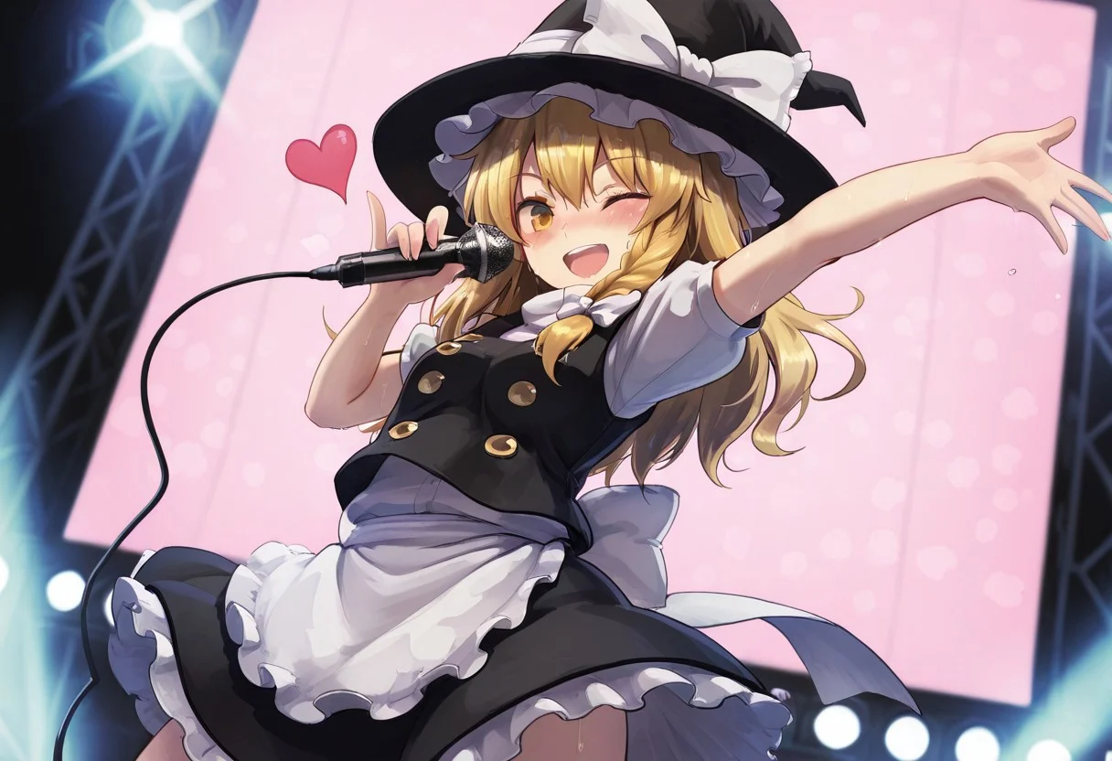 best quality, hires,
kirisame marisa, microphone, pinky out, one microphone, holding, heart, smile, blush, one eye closed, cowboy shot, jumping, spread arms, open hand, sweat, open mouth, stage lights,